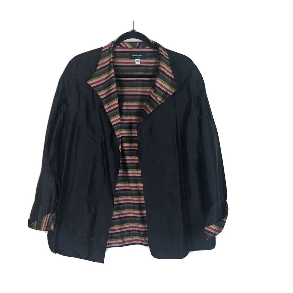 NIRA NIRA XL Blazer Open Front Lightweight Black Silk Multi Color Stripe Trim